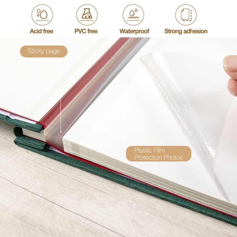potricher Large Photo Album Self Adhesive 3x5 4x6 5x7 8x10 10x12 Pictures Linen Cover 40 Blank Pages Magnetic DIY Scrapbook Album with A Metallic Pen (Dark Green, 13.2x12.8 inches 40 Pages) - Image 4